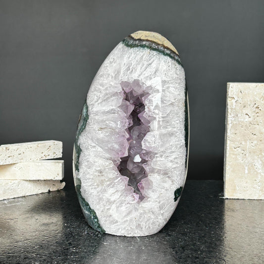 Amazing Agate and Amethyst Quartz Crystal Egg Cave, 8 in tall Extra Large Crystal Cave, Oval Shaped Stone Polished at edges