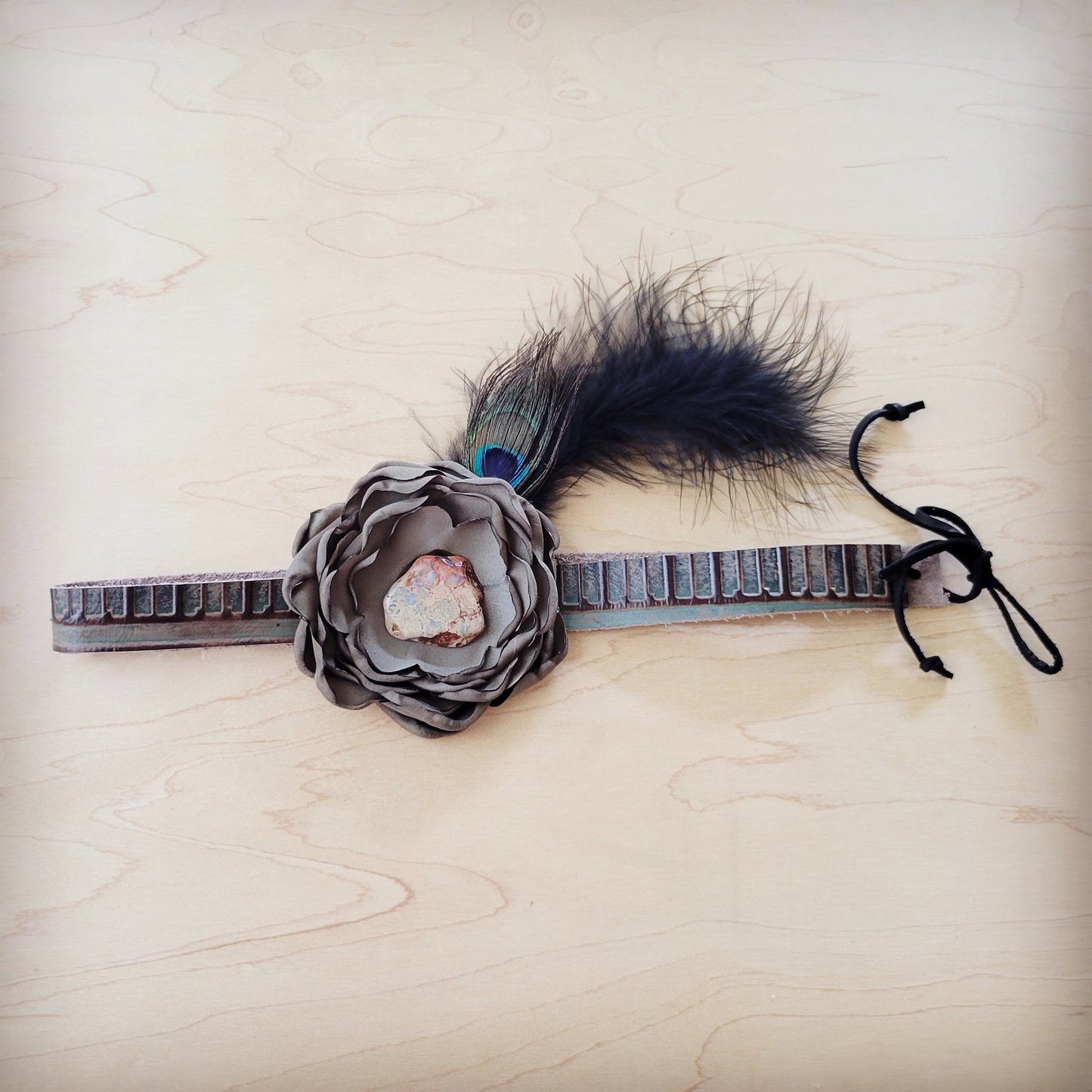 Leather Hat Band w/ Silk Flower & Feathers-Olive (Band Only) 952z