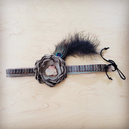 Leather Hat Band w/ Silk Flower & Feathers-Olive (Band Only) 952z
