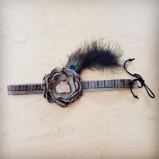 Leather Hat Band w/ Silk Flower & Feathers-Olive (Band Only) 952z