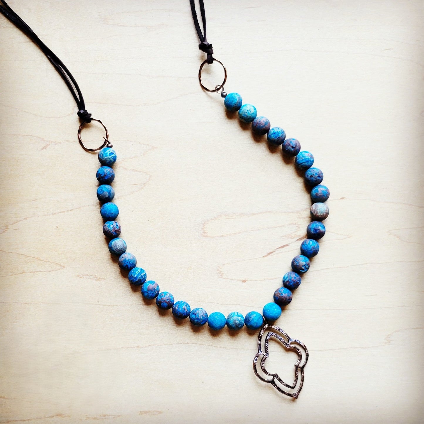 **Frosted Chrysocolla Beaded Necklace w/ Copper Pendant 258h