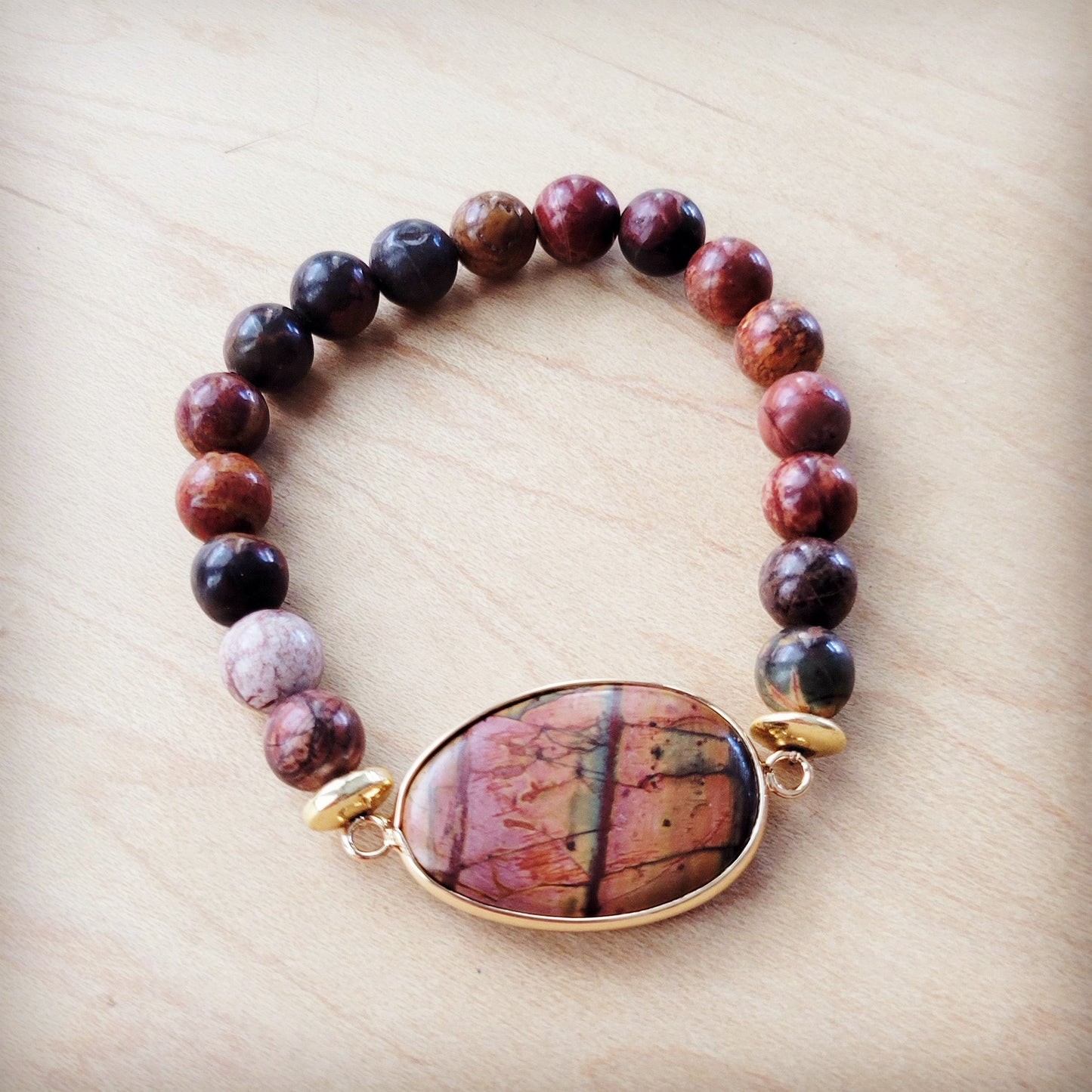 Picasso Jasper Beaded Bracelet with Center Agate Stone Accent 810z