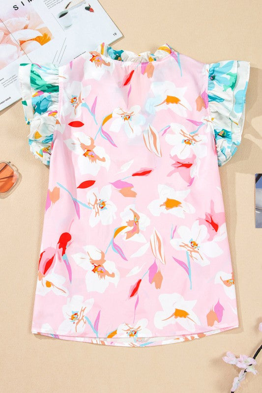 Multicolour Floral Patchwork Frill Notched Neck Ru