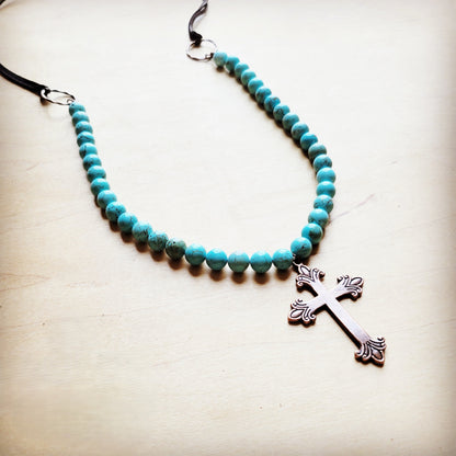 **Frosted Magnesite Beaded Necklace w/ Copper Cross 258i