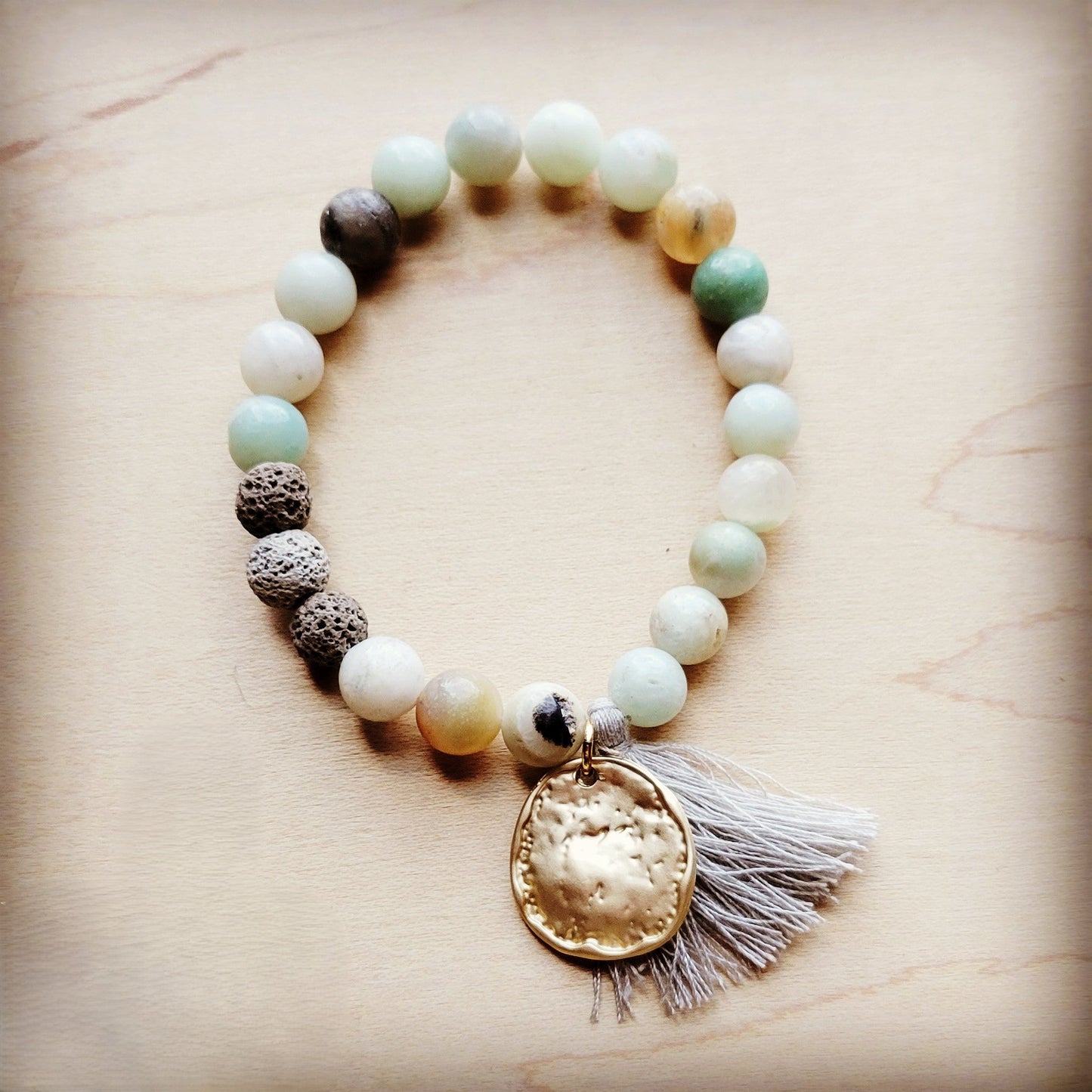 Amazonite Stretch Beaded Bracelet with Tassel and Coin 806m