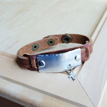 **Be Strong Hand Stamped Leather Cuff 002z