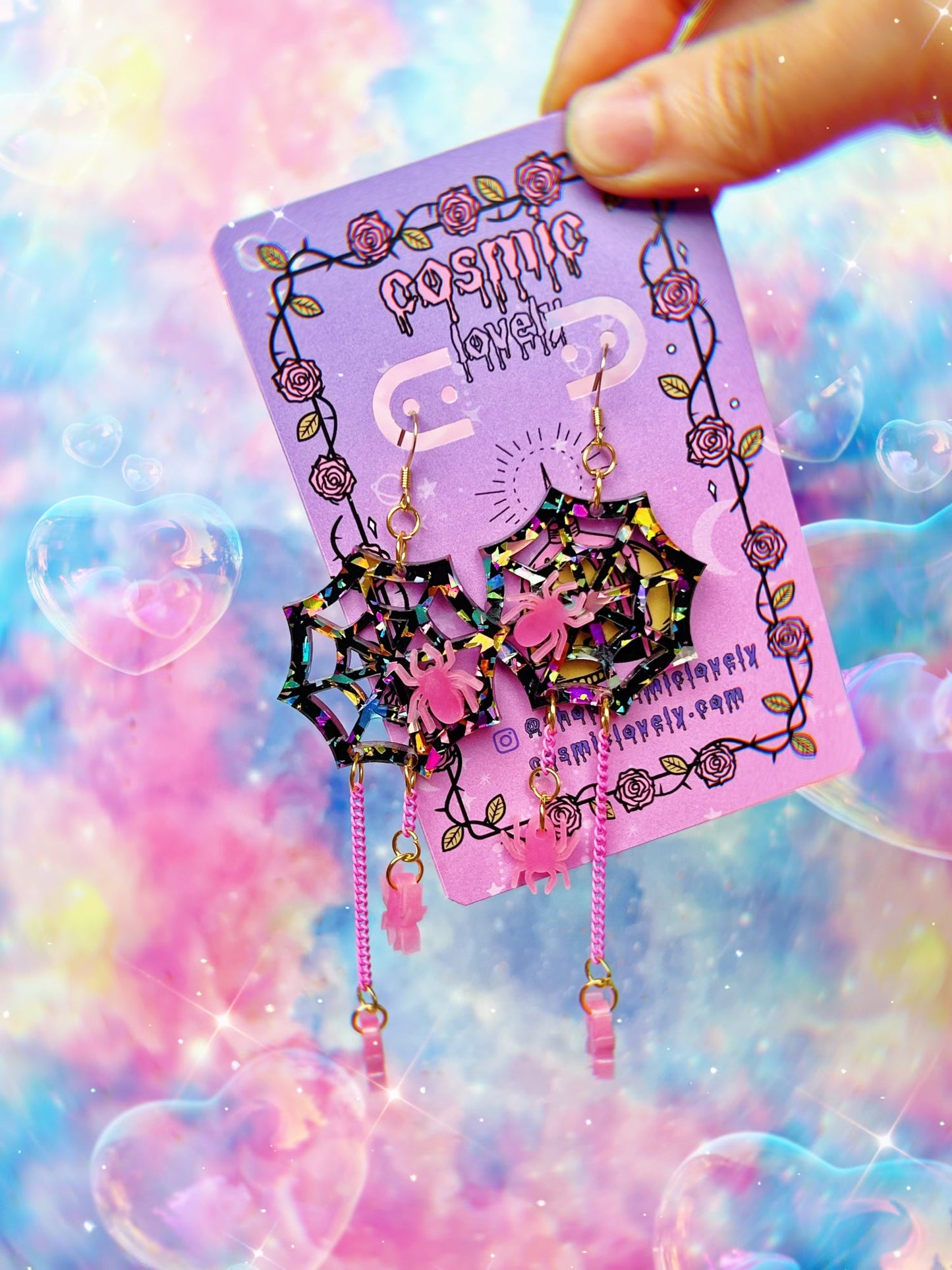 Rainbow Confetti  Glow in the Dark Kawaii Spider Earrings
