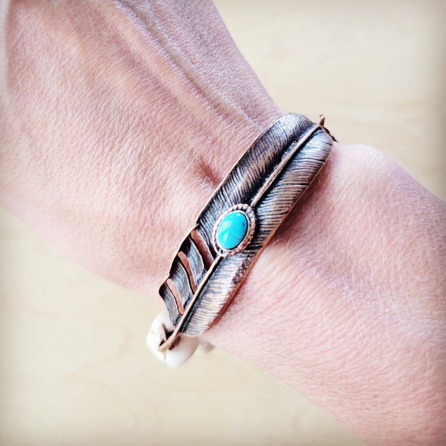 White Chunky Turquoise Beaded Bracelet on Copper Feather 810s