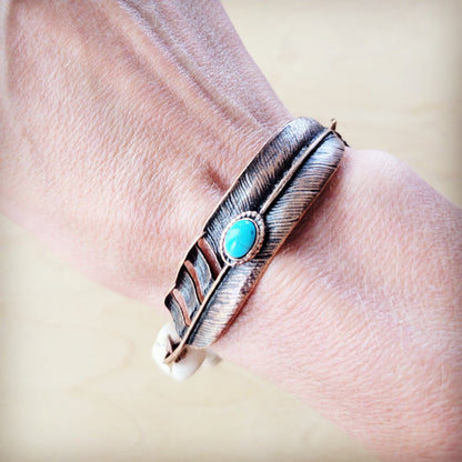 White Chunky Turquoise Beaded Bracelet on Copper Feather 810s