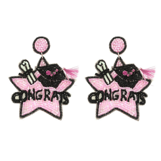 Congrats Letter Beaded Star Earrings: Pink