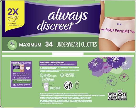 Always Discreet, Incontinence & Postpartum Underwear For Women, Maximum Protection, Small/Medium, 42 Count