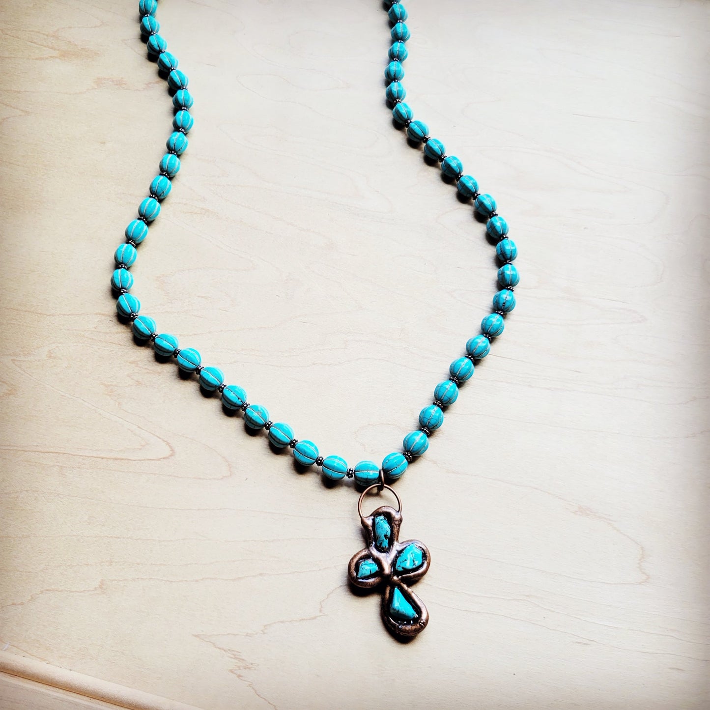 **Blue Turquoise Melon Beaded Necklace w/ Copper Cross 260g