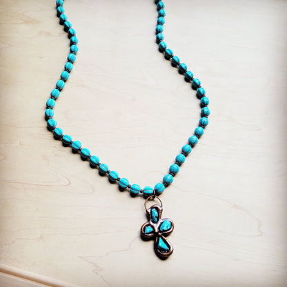 **Blue Turquoise Melon Beaded Necklace w/ Copper Cross 260g