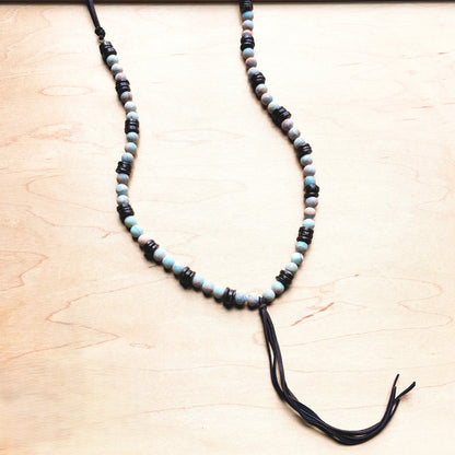 **Frosted Aqua Terra Necklace w/ Wood Beads & Leather Tassel 258a