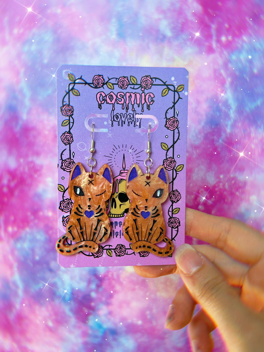 Orange Skelly Kitty Earrings