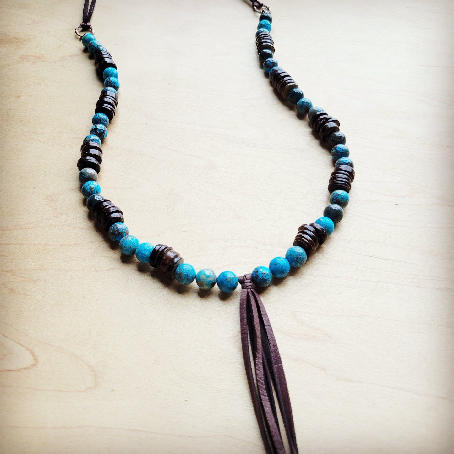 Ocean Agate Necklace with Wood Beads and Leather Tassel 260b