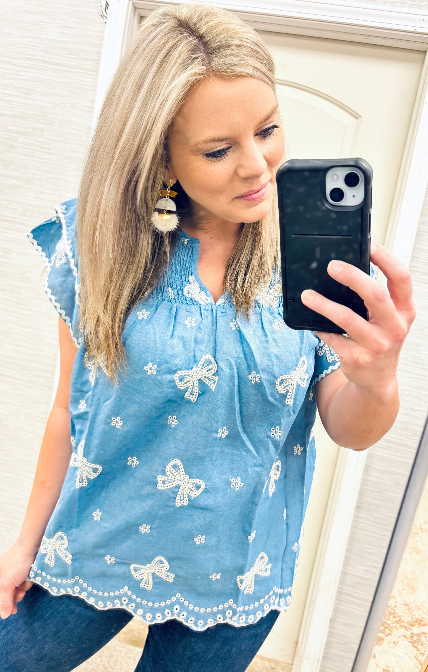 Chambray Scalloped Bows Blouse