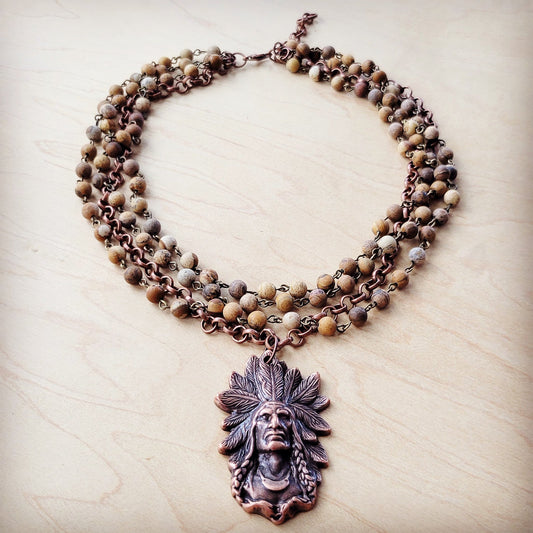 Picture Jasper Beaded Collar Necklace w/ Indian Pendant 260t