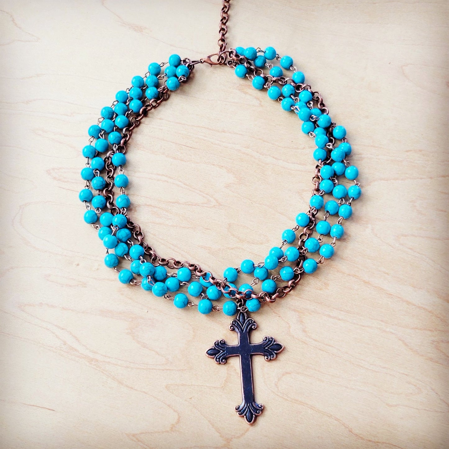 Blue Turquoise Beaded Collar Necklace w/ Cross Pendant 260y