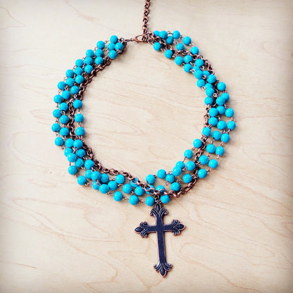 Blue Turquoise Beaded Collar Necklace w/ Cross Pendant 260y
