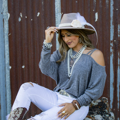 Lace & Pearl Hat Band w/ Silk Flower & Feathers-Ivory (Band Only) 952u