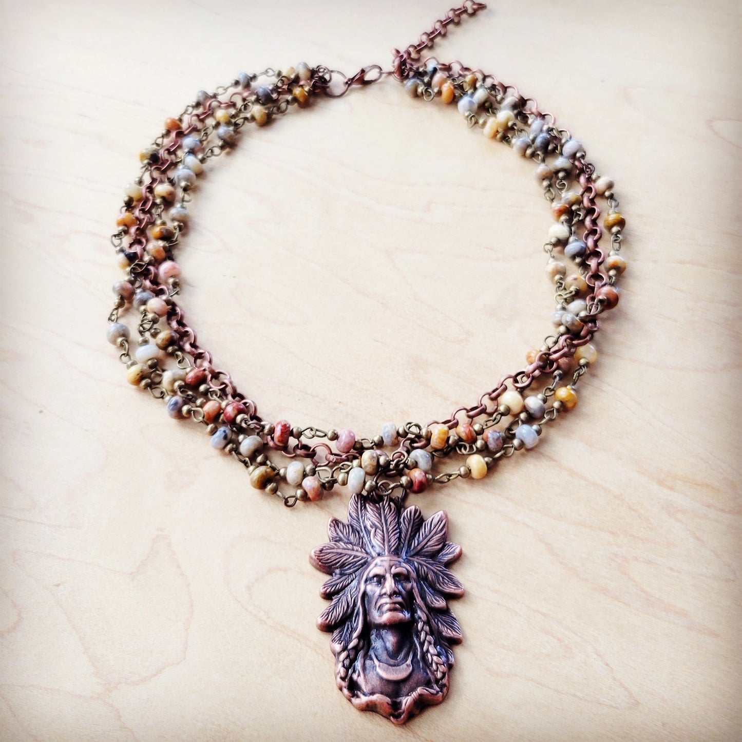 Natural Agate Beaded Collar Necklace w/ Indian Pendant 260v