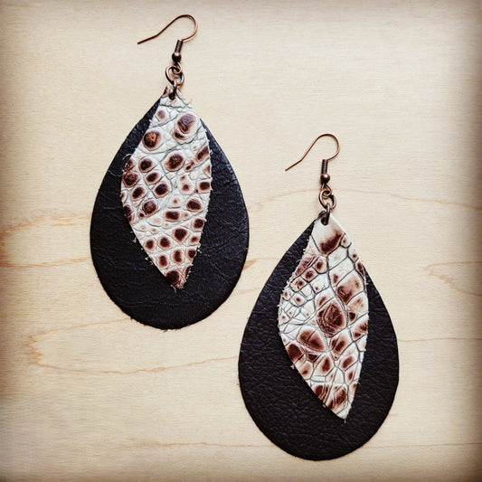 **Leather Teardrop Earrings with Cream and Bronze Gator Accents 207p