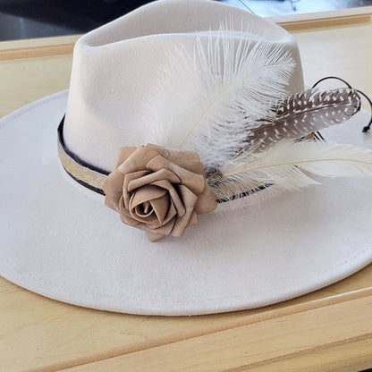 Leather Hat Band w/ Silk Flower & Feathers-Coffee (Band Only) 952y