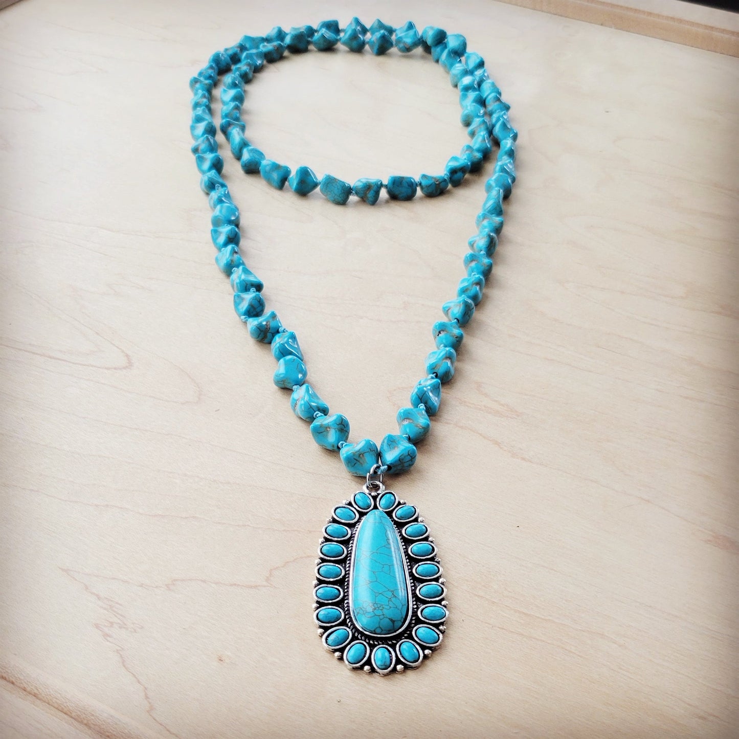 Long Western Turquoise Beaded Necklace w/ Squash Blossom Pendant 261w