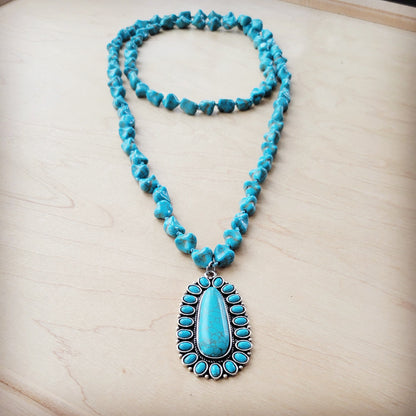 Long Western Turquoise Beaded Necklace w/ Squash Blossom Pendant 261w
