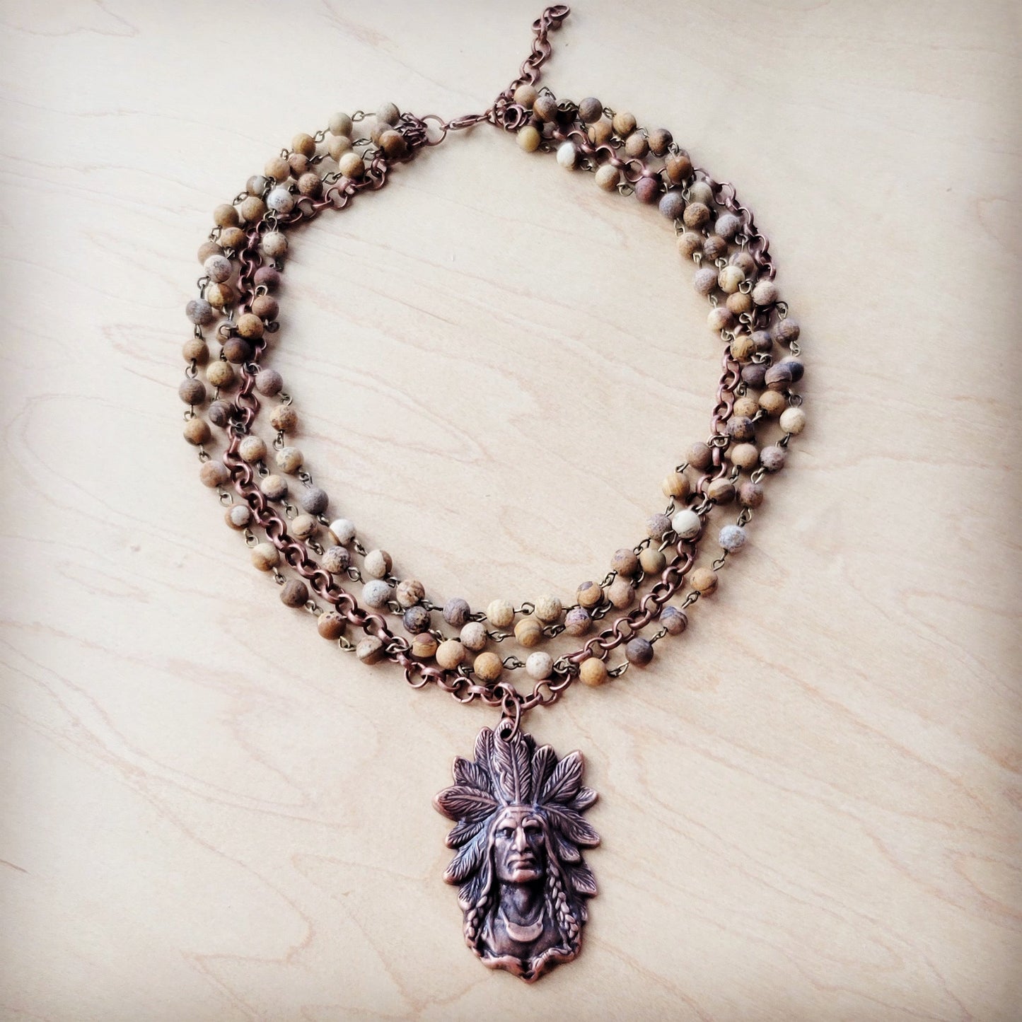 Picture Jasper Beaded Collar Necklace w/ Indian Pendant 260t
