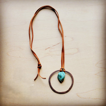 Leather Cord Necklace Antique Gold Hoop & Natural Turquoise  254v