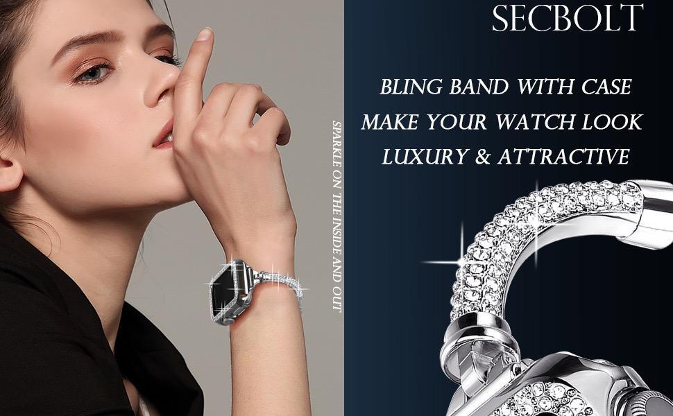 Bling Band Bracelet for Women | Compatible with Apple Watch Series 9/8/7/6/5/4/3/2/1 | Stainless Steel Dressy Metal Strap