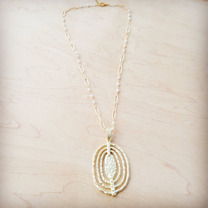 **Matte Gold Multi-Oval Pendant on Pearl and Gold Chain Necklace 261u