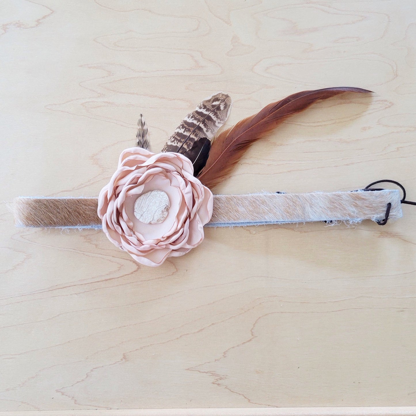 Leather Hat Band w/ Silk Flower & Feathers-Blush (Band Only) 953a