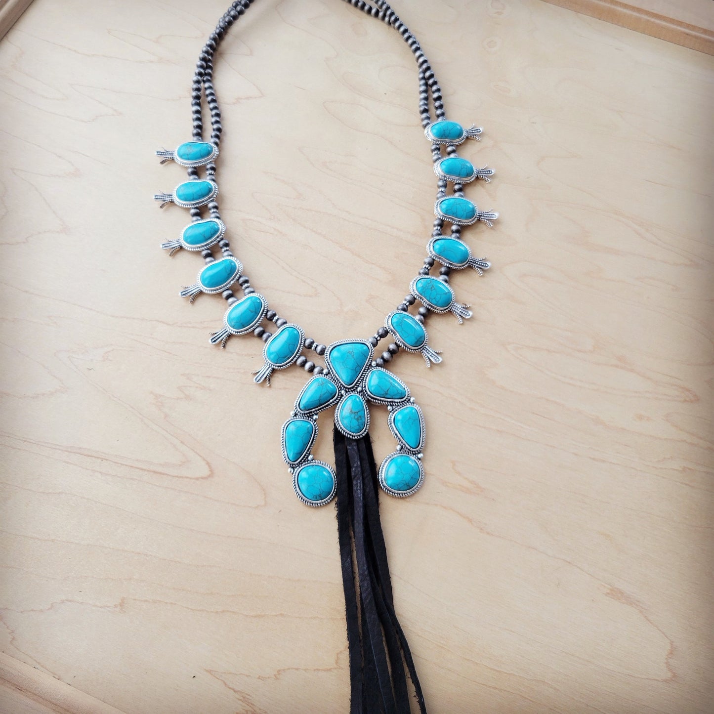 Turquoise Squash Blossom Necklace w/ Long Black Tassel 262b