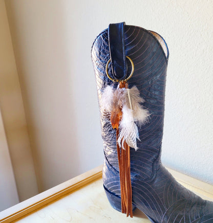 Boho Western Boot Bling Charm with Leather Fringe Cognac 500e