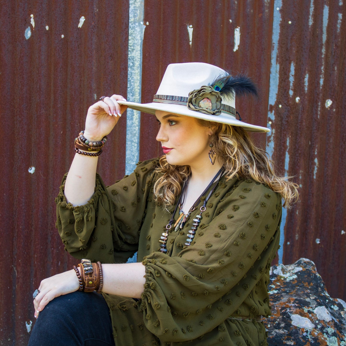 Leather Hat Band w/ Silk Flower & Feathers-Olive (Band Only) 952z