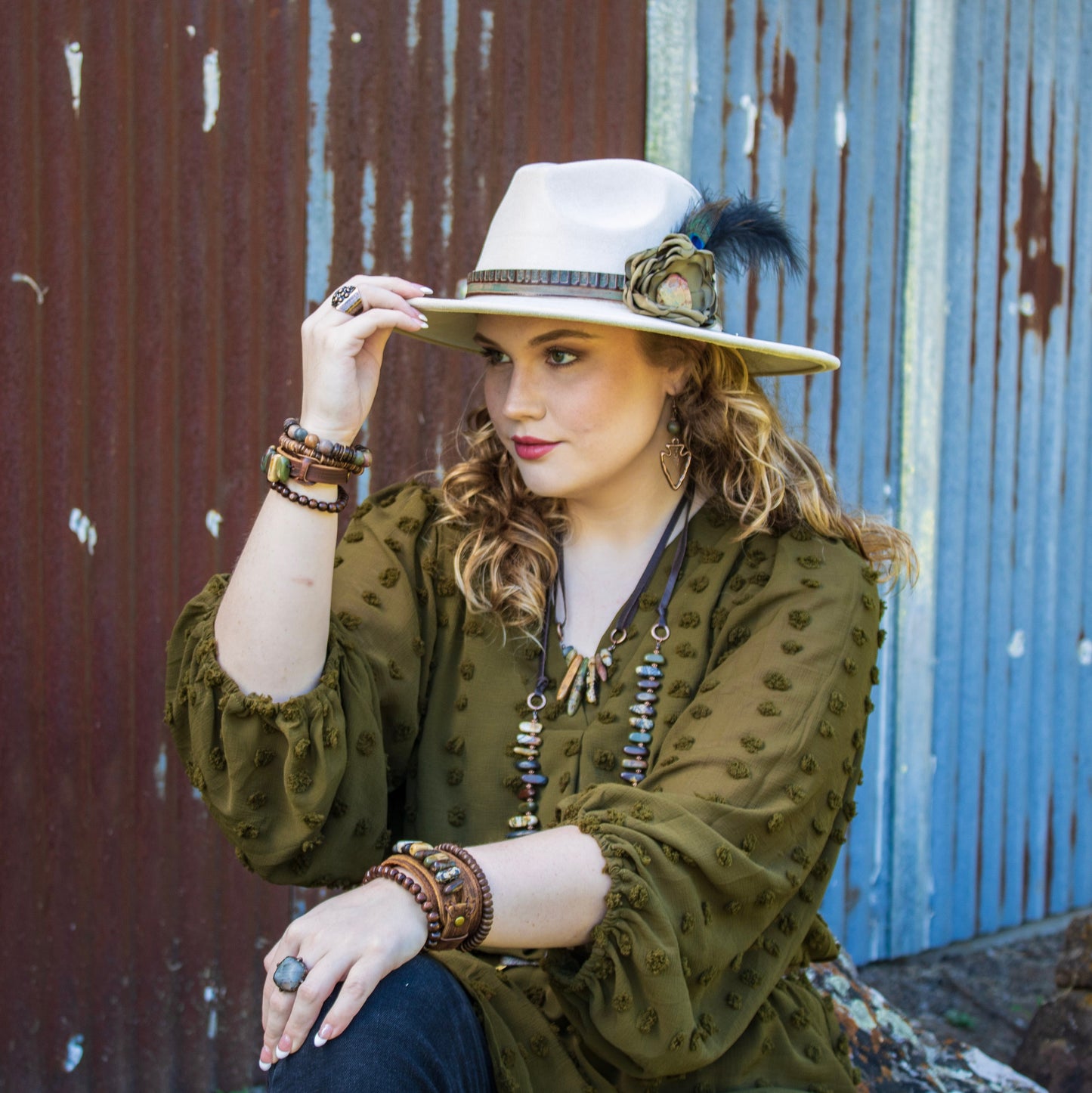Leather Hat Band w/ Silk Flower & Feathers-Olive (Band Only) 952z