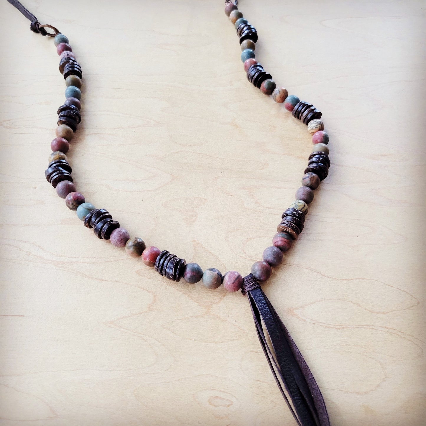Picasso Jasper Necklace with Wood Beads and Leather Tassel 261i