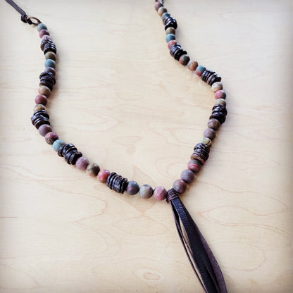 Picasso Jasper Necklace with Wood Beads and Leather Tassel 261i