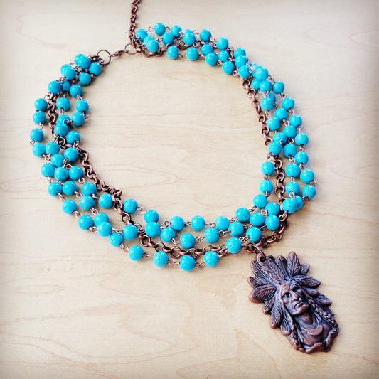 Blue Turquoise Beaded Collar Necklace w/ Indian Pendant 260w