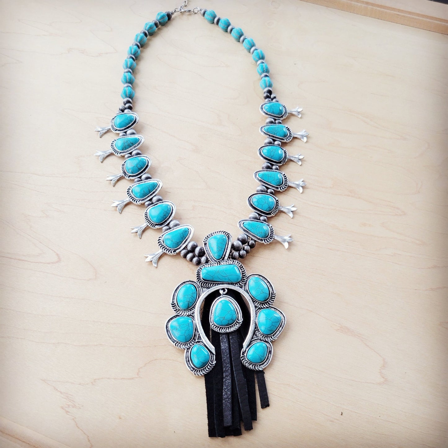 Turquoise Squash Blossom Necklace w/ Short Black Tassel 261y