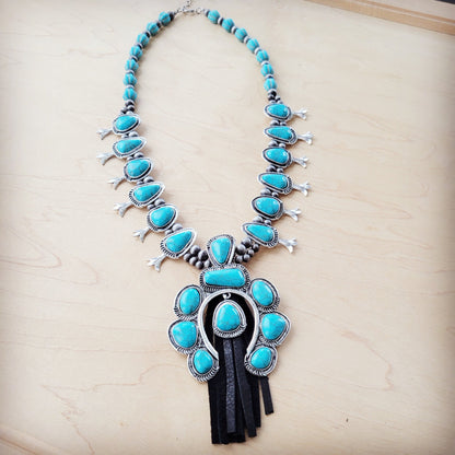 Turquoise Squash Blossom Necklace w/ Short Black Tassel 261y