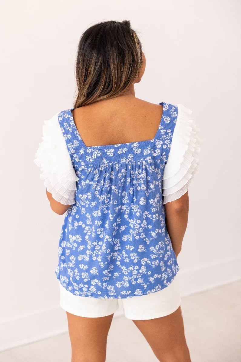 Blue Floral Ruffle Sleeve