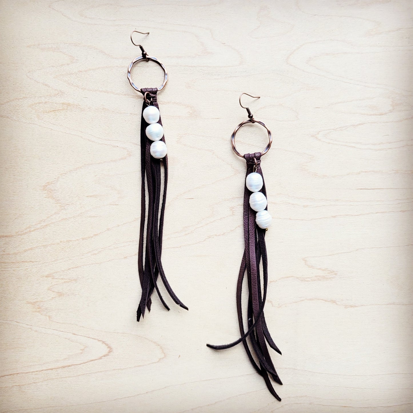 Brown Leather Fringe Earrings with Freshwater Pearls 225i