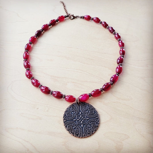 Natural Pink Jade Beaded Collar Necklace w/ Scroll Pendant 261L