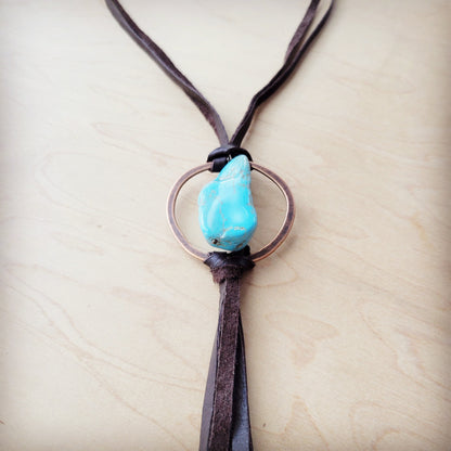 **Brown Boho Leather Necklace w/ Large Turquoise Chunky Pendant 261m