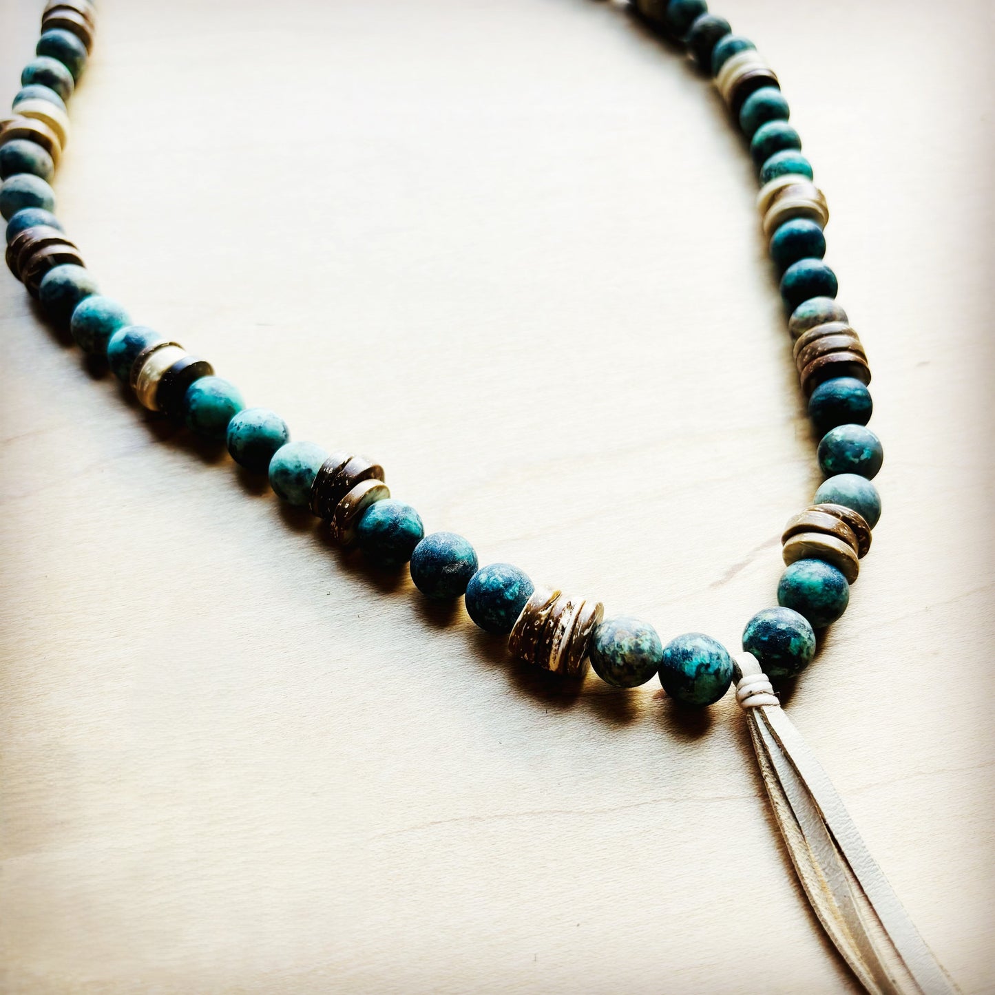 Frosted African Turquoise Necklace Wood Beads Leather Tassel 257z