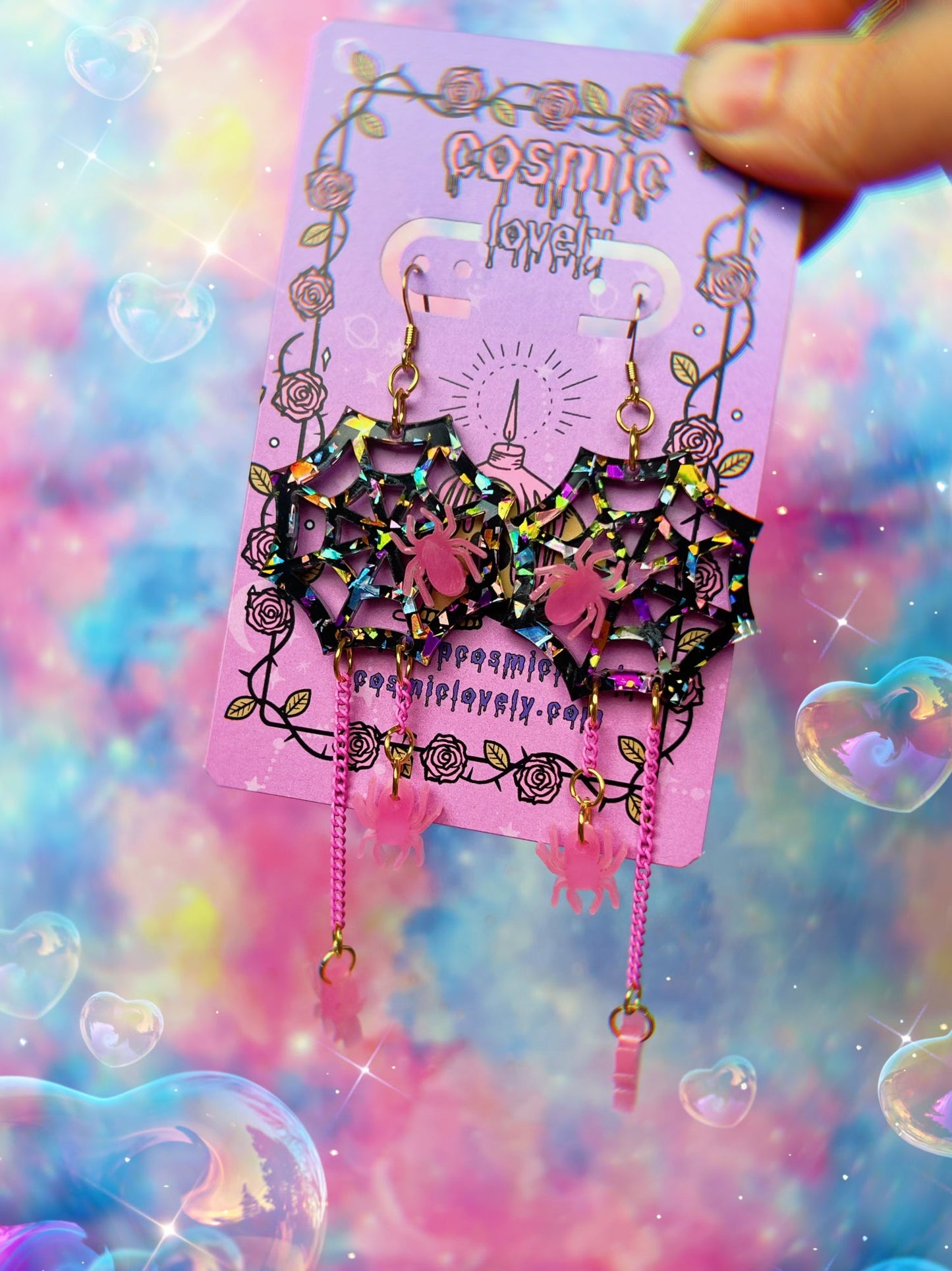 Rainbow Confetti  Glow in the Dark Kawaii Spider Earrings